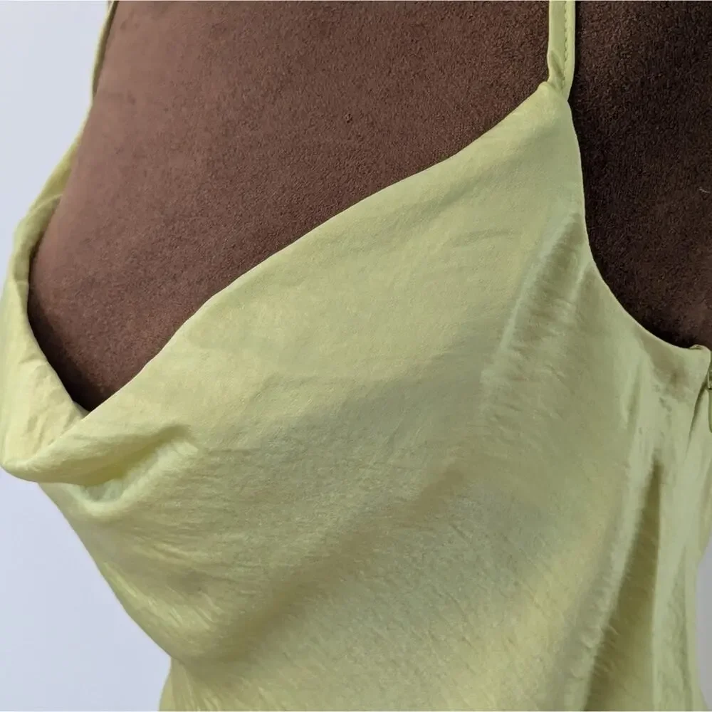 NWT Steve Madden Luxe Satin Asymmetric Hem Drapey Green Yellow Slip Dress, Sz XS - Picture 5 of 7